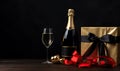 Elegant celebration scene with a luxurious gift box and champagne bottle. AI generative