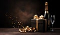 Elegant celebration scene with a luxurious gift box and champagne bottle. AI generative