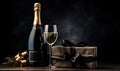 Elegant celebration scene with a luxurious gift box and champagne bottle. AI generative