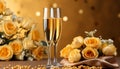 Elegant celebration setting with champagne and yellow roses Royalty Free Stock Photo