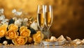 Elegant celebration setting with champagne and yellow roses Royalty Free Stock Photo