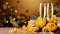 Elegant celebration setting with champagne and yellow roses Royalty Free Stock Photo