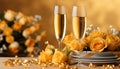 Elegant celebration setting with champagne and yellow roses Royalty Free Stock Photo