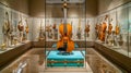 Elegant cello centerpiece in museum display surrounded by stringed instruments collection. showcase of classical music Royalty Free Stock Photo