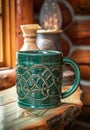 Elegant ceramic mug on a wooden table in a cozy cabin setting Royalty Free Stock Photo