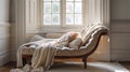 Elegant chaise lounge by bay window with luxurious decor, cozy home, Ai generative