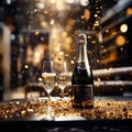 Elegant Champagne Celebration: Sparkling Gold & Silver Bottle Popping Cork at New Years Eve Party Royalty Free Stock Photo