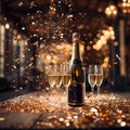 Elegant Champagne Celebration: Sparkling Gold & Silver Bottle Popping Cork at New Years Eve Party