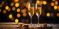 Elegant Champagne Flutes with Golden Bubbles on Wood, Celebratory Toast Against a Festive Bokeh Lights Background