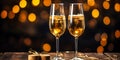 Elegant Champagne Flutes with Golden Bubbles on Wood Celebratory Toast Against a Festive Bokeh Lights Background Royalty Free Stock Photo