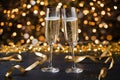 Elegant champagne flutes with golden lights, bokeh effects, and festive decorations