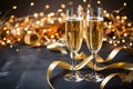 Elegant champagne flutes with golden lights, bokeh effects, and festive decorations