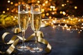 Elegant champagne flutes with golden lights, bokeh effects, and festive decorations
