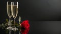 Elegant champagne flutes with a single red rose on a reflective surface Royalty Free Stock Photo