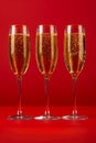 Elegant Champagne Flutes with Sparkling Wine on Vibrant Red Background for Celebratory Toast