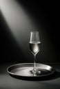 Elegant champagne glass on silver tray under dramatic spotlight Royalty Free Stock Photo