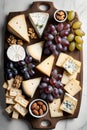 An elegant cheese platter with an assortment of cheeses, crackers, grapes and nuts, appetizer, food, printable