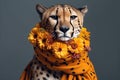 Elegant cheetah wearing scarf with flowers on a colored background. Generative AI Royalty Free Stock Photo