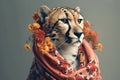 Elegant cheetah wearing scarf with flowers on a colored background. Generative AI