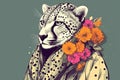 Elegant cheetah wearing scarf with flowers on a colored background. Generative AI Royalty Free Stock Photo