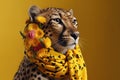 Elegant cheetah wearing scarf with flowers on a colored background. Generative AI Royalty Free Stock Photo