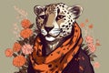 Elegant cheetah wearing scarf with flowers on a colored background. Generative AI Royalty Free Stock Photo