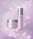 Elegant cherry blossom cosmetic ads, top view of two exquisite bottles with sakura branches on ripples