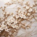 Elegant Cherry Blossom Floral Patterns on Marble Tiles with Golden Accents