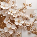 Elegant Cherry Blossom Floral Patterns on Marble Tiles with Golden Accents