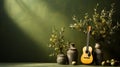 Elegant Chiaroscuro: Acoustic Guitar On Olive Wall With Minimalist Background