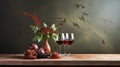 Elegant Chiaroscuro: Wine, Fruit, And Glass On A Nature-inspired Table