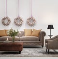 Elegant chic brown sofa with christmas bells wreath Royalty Free Stock Photo