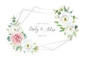 Elegant chic wedding invite, save the date card. Vector floral watercolor illustration. Dusty pink rose flower, ivory white Royalty Free Stock Photo