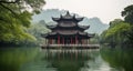 Elegant Chinese Pavilion, serene lake reflection