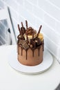 Elegant chocolate birthday cake with melted dark chocolate, cupcake, cake pops, cookies and candy on white background.