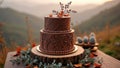 Elegant chocolate cake with botanical design in scenic mountain setting Royalty Free Stock Photo