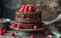 Elegant chocolate cake with glossy ganache, adorned with fresh raspberries and gold leaf, a luxurious treat for special