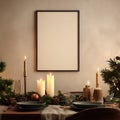 Elegant Christmas Dining Setup Complete with Festive Decorations and a Blank Frame for Holiday Celebrations Royalty Free Stock Photo