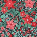 Elegant Christmas festive seamless pattern with green and red traditional holiday natural decorations on dark background Royalty Free Stock Photo