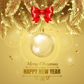 Elegant Christmas gold illustration with glass christmass ball. Elegant vector background with fir-tree branches. Happy Royalty Free Stock Photo