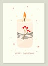 Elegant Christmas New Year greeting card with lit candle winterberries stars and snowflakes. Vintage Scandinavian style Royalty Free Stock Photo