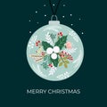 Elegant Christmas New Year greeting card with Xmas tree bauble with floral ornament hanging on string on dark blue background Royalty Free Stock Photo