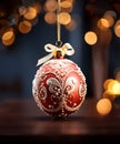 Elegant Christmas ornament ball with tide bow. Bokeh lights, minimal holiday concept