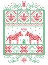 Elegant Christmas Scandinavian, Nordic style winter cross stitch pattern including snowflake, heart, Dala horse, Christmas tree