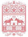 Elegant Christmas Scandinavian, Nordic style winter cross stitch pattern including snowflake, heart, Dala horse, Christmas tree Royalty Free Stock Photo