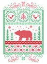 Elegant Christmas Scandinavian, Nordic style winter stitching, pattern including snowflake, heart, polar bear, Christmas trees Royalty Free Stock Photo