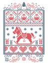 Elegant Christmas Scandinavian, Nordic style winter stitching, pattern including snowflake, heart, rocking horse, Christmas tree, Royalty Free Stock Photo