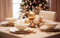 Elegant Christmas table setting with gold and white ornaments and decorations. AI generated