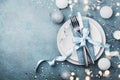 Elegant christmas table setting for holiday dinner top view. Empty space for text. Bokeh effect. Royalty Free Stock Photo