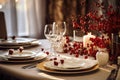 Elegant christmas table setting with red berries and candles. Beautiful decorated table at restaurant. Light background, AI Royalty Free Stock Photo